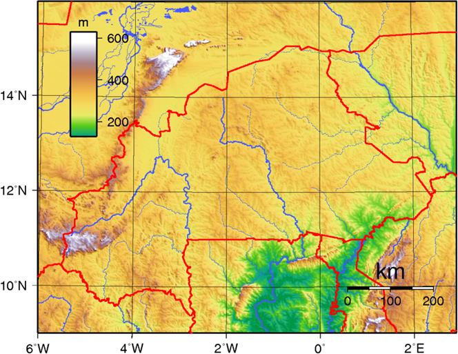 Landkarte Relief Topographie Burkina Faso